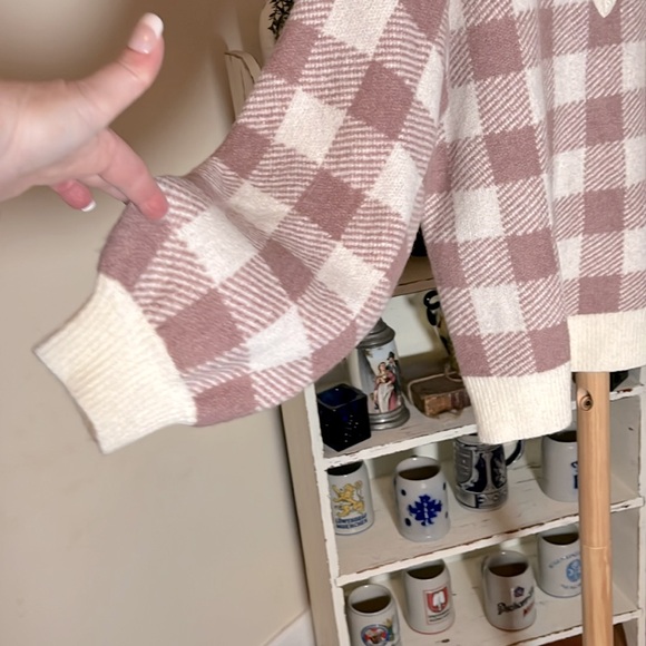 Loft L Beautiful taupe/cream buffalo check V-neck chunky and fuzzy. So so soft! - Picture 2 of 4